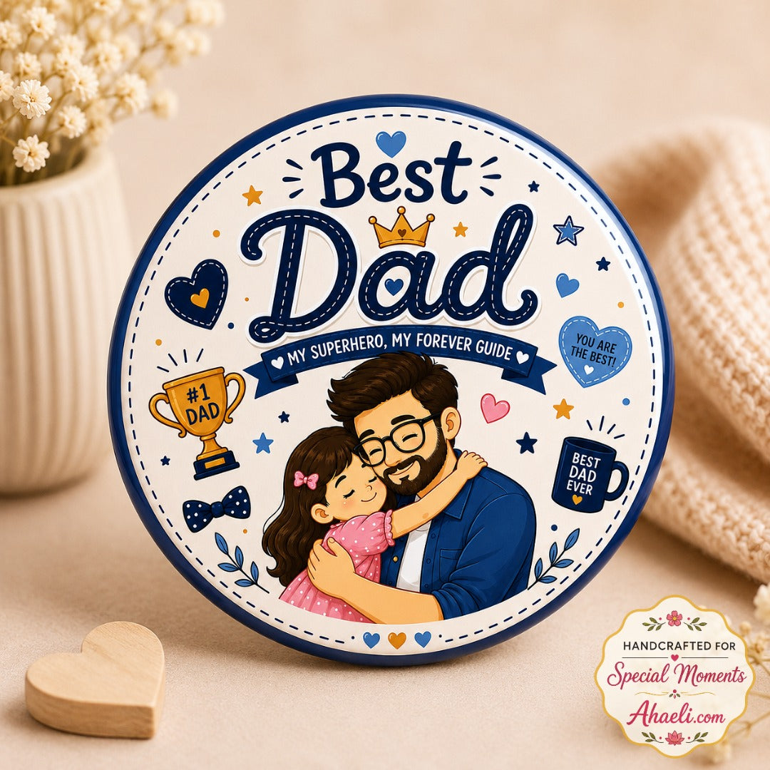 Best Dad pin badge featuring a father hugging his daughter with My Superhero My Forever Guide illustration