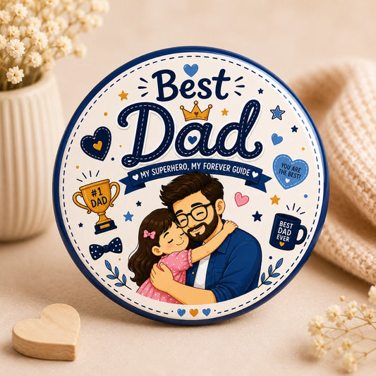 Best Dad pin badge featuring a father hugging his daughter with My Superhero My Forever Guide illustration.