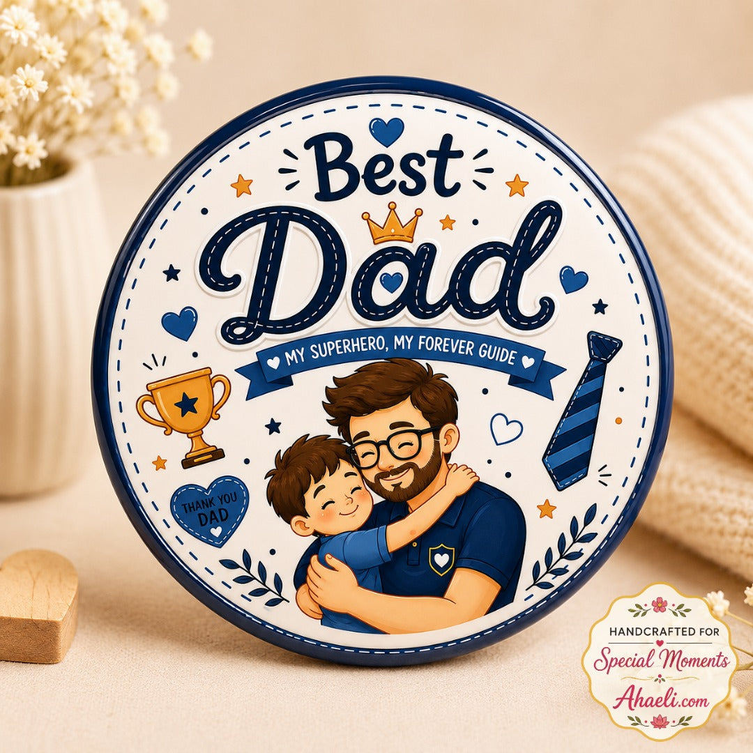 Best Dad pin badge featuring a heartwarming father and son hug illustration with My Superhero My Forever Guide message