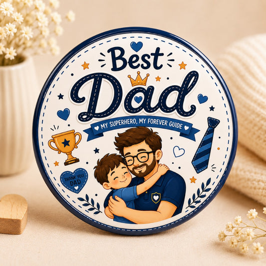 Best Dad pin badge featuring a heartwarming father and son hug illustration with My Superhero My Forever Guide message.