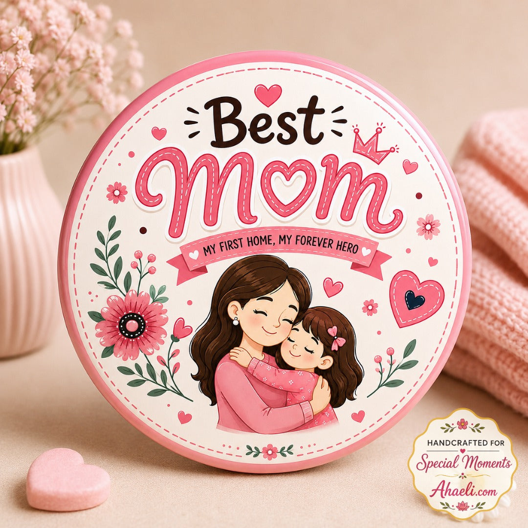 Best Mom pin badge featuring a loving mother hugging her daughter with My First Home My Forever Hero message