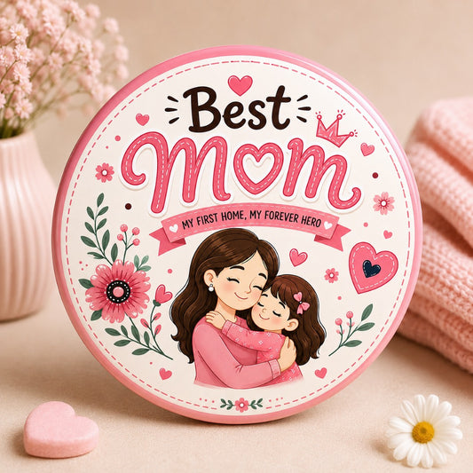 Best Mom pin badge featuring a loving mother hugging her daughter with My First Home My Forever Hero message.