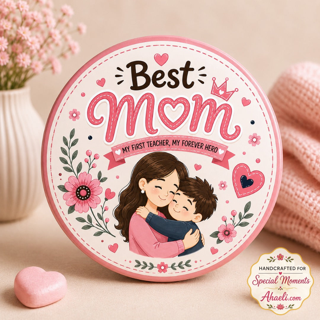 Best Mom pin badge featuring a loving mother hugging her son with My First Teacher My Forever Hero message