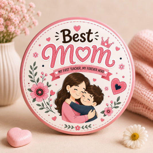 Best Mom pin badge featuring a loving mother hugging her son with My First Teacher My Forever Hero message.