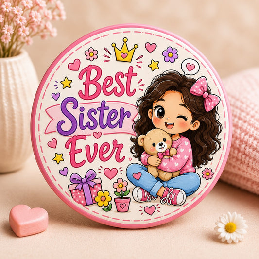 Best Sister Ever 58mm glossy pin badge with cute girl and teddy bear design.