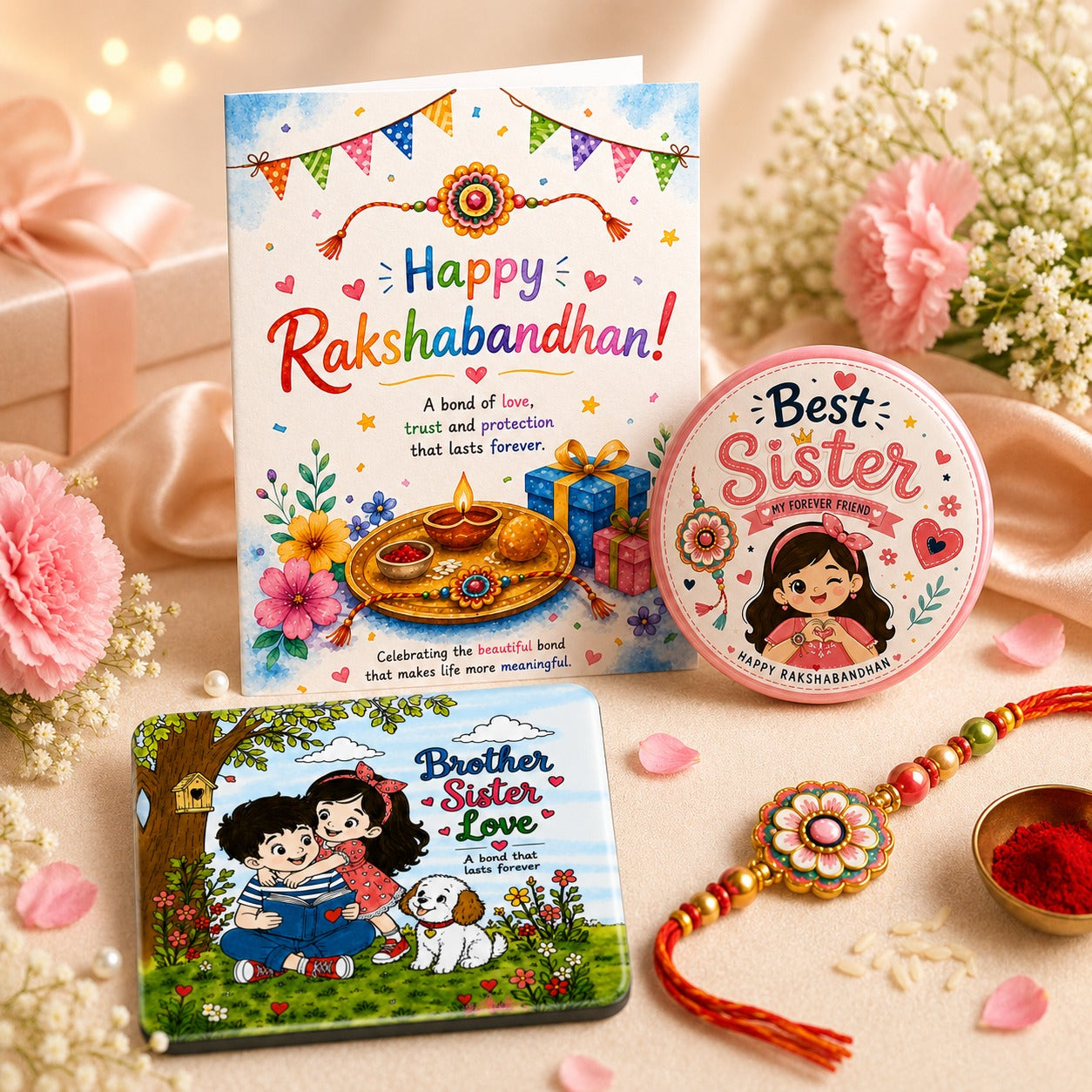 Best Sister Mini Rakhi Gift Hamper with Raksha Bandhan greeting card, Best Sister badge and Brother Sister Love fridge magnet