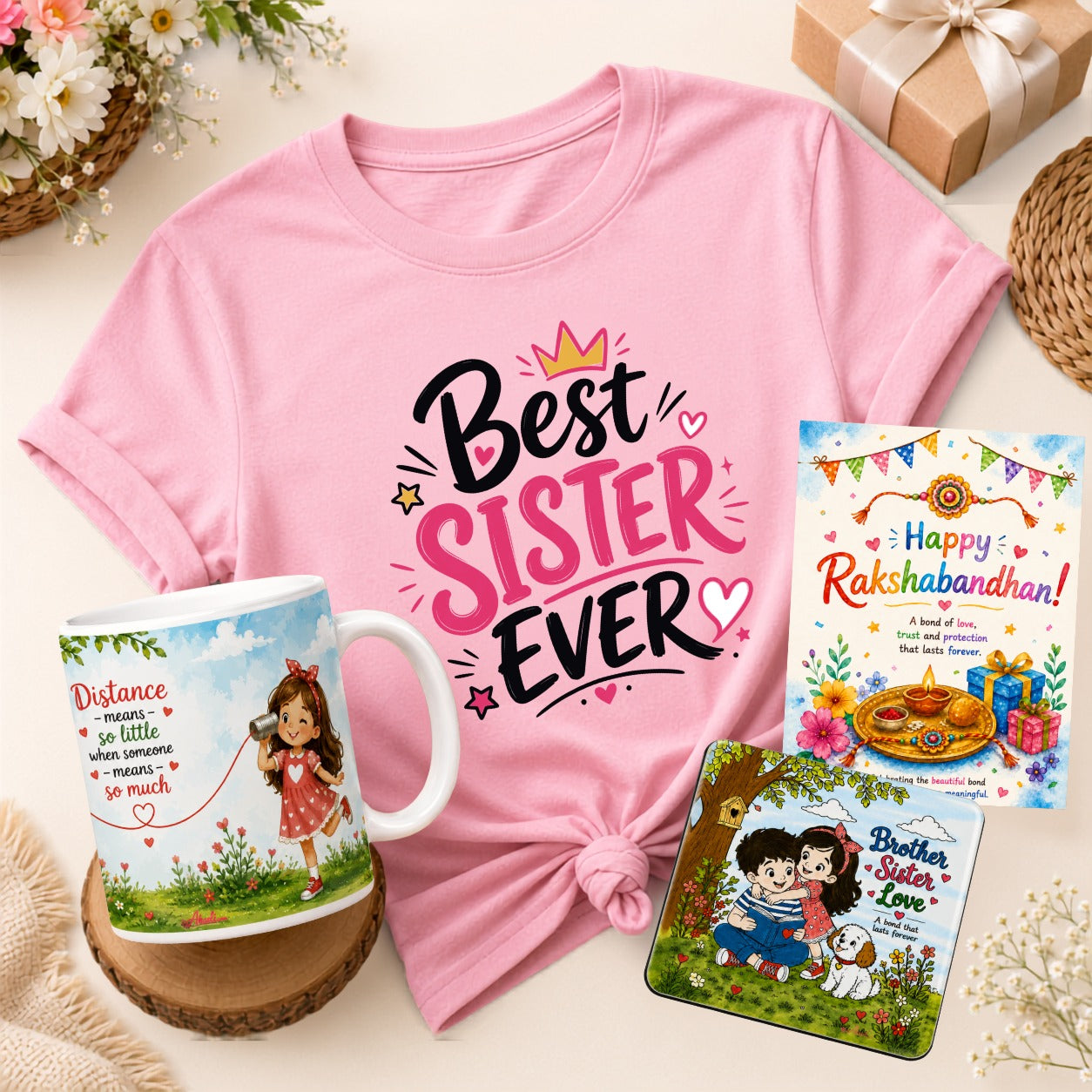 Best Sister Premium Rakhi Gift Hamper with cotton T-shirt, ceramic mug, Raksha Bandhan greeting card and Brother Sister Love acrylic fridge magnet by Ahaeli