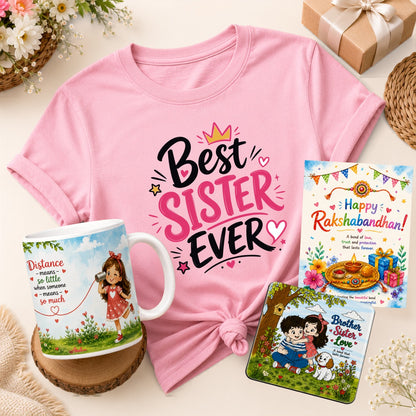 Best Sister Premium Rakhi Gift Hamper with cotton T-shirt, ceramic mug, Raksha Bandhan greeting card and Brother Sister Love acrylic fridge magnet by Ahaeli
