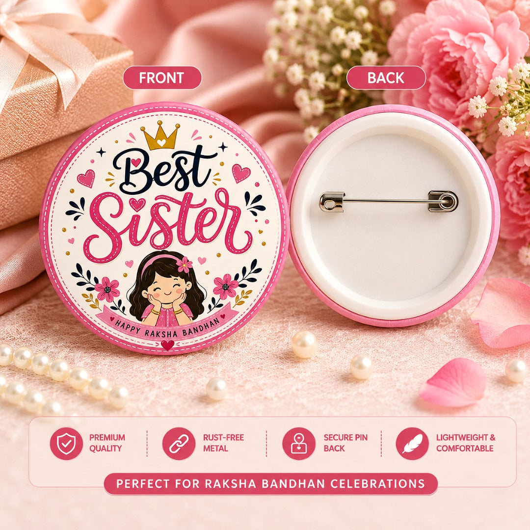 Front and back view of Best Sister Rakhi Badge with festive Raksha Bandhan artwork