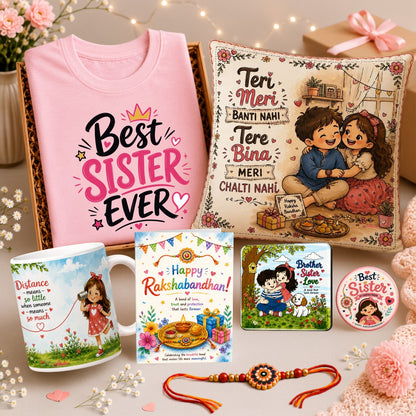 Best Sister Signature Rakhi Gift Hamper with T-shirt, ceramic mug, Raksha Bandhan greeting card, acrylic magnet, badge and decorative cushion cover by Ahaeli