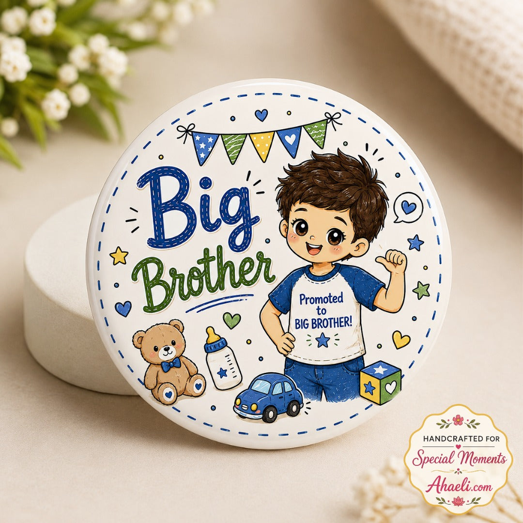 Big Brother Baby Shower Badge featuring Promoted to Big Brother illustration on a premium 58mm round pin