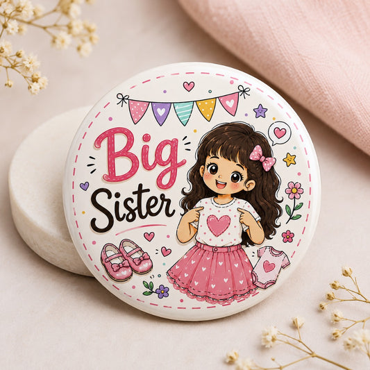 Big Sister baby shower badge featuring a cute little girl illustration on a premium round pin for sibling announcement celebrations.