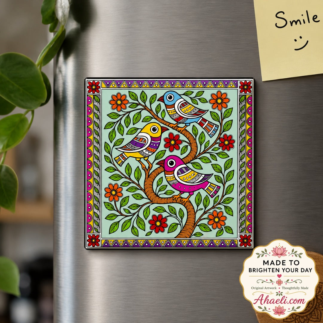 Birds on a Tree Fridge Magnet featuring colorful birds, flowers, and traditional Mithila folk art in a vibrant Madhubani painting style.