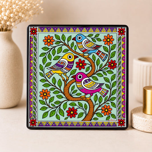 Birds on Tree Mithila art fridge magnet featuring colorful traditional folk art
