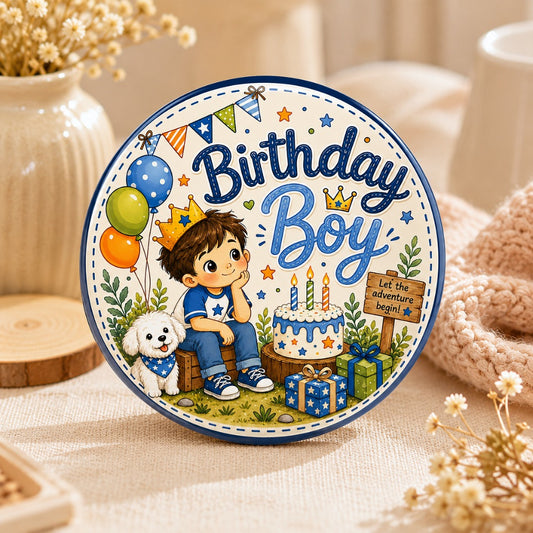 Birthday Boy 58mm pin badge with cute boy, birthday cake, balloons and puppy design.