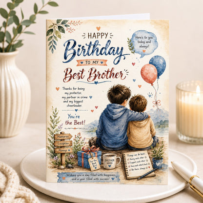 Watercolor birthday card for brother with two brothers and heartfelt birthday message