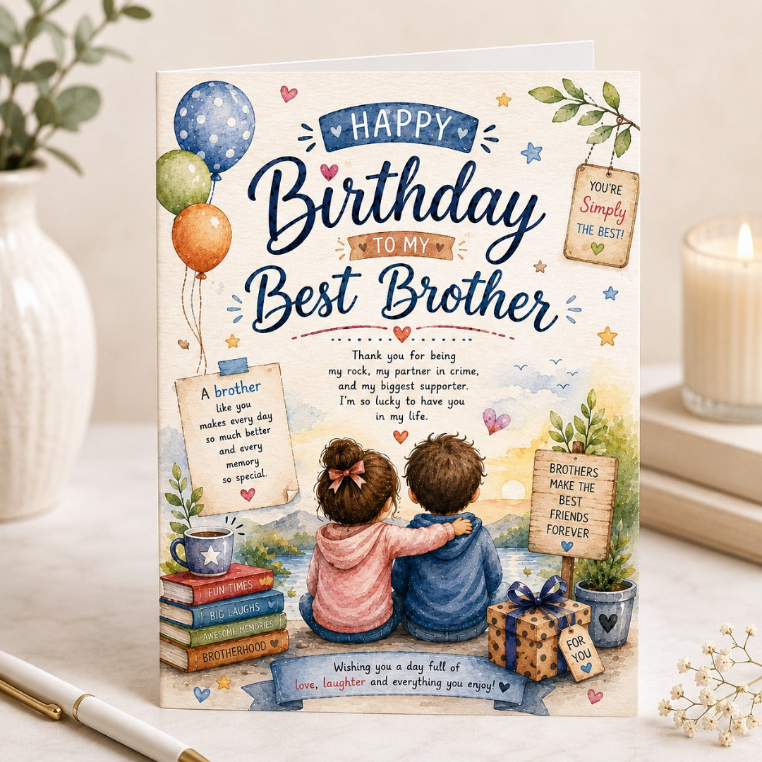 Watercolor birthday card for brother with best brother illustration
