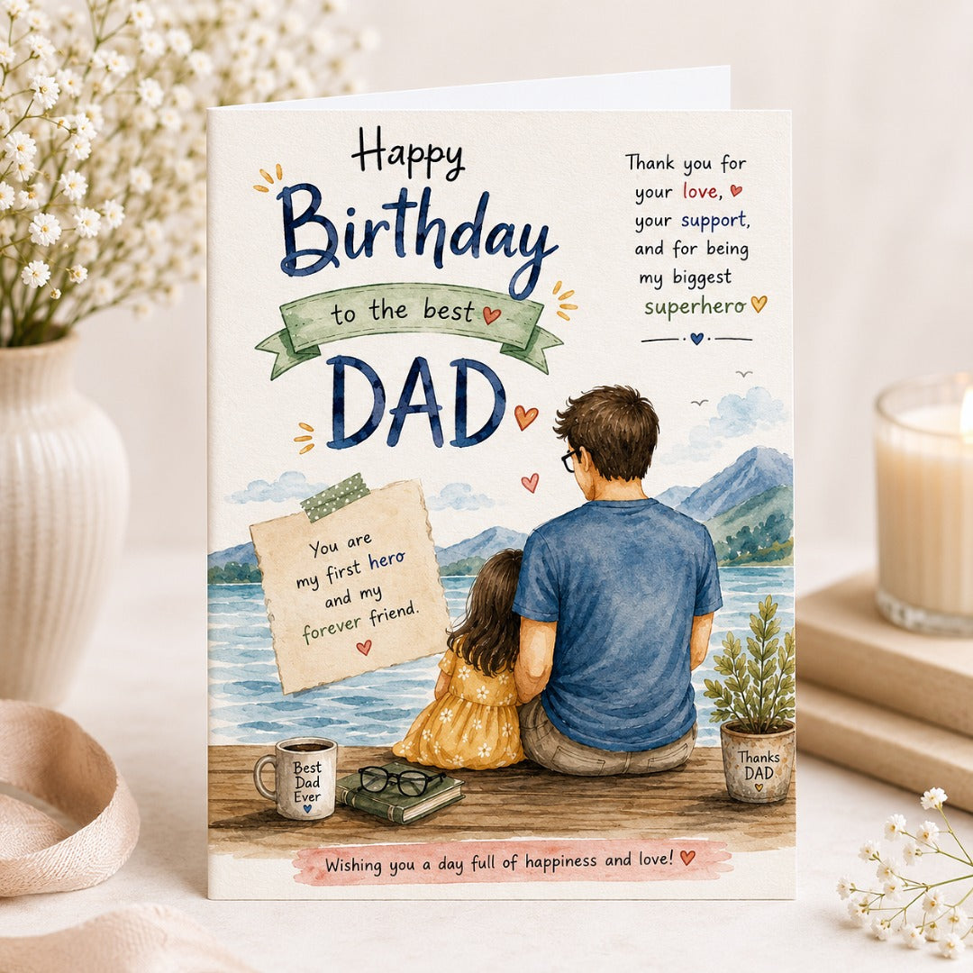 Watercolor birthday card for dad with Best Dad design and father daughter illustration