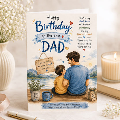 Watercolor birthday card for dad with father and son illustration and Best Dad message
