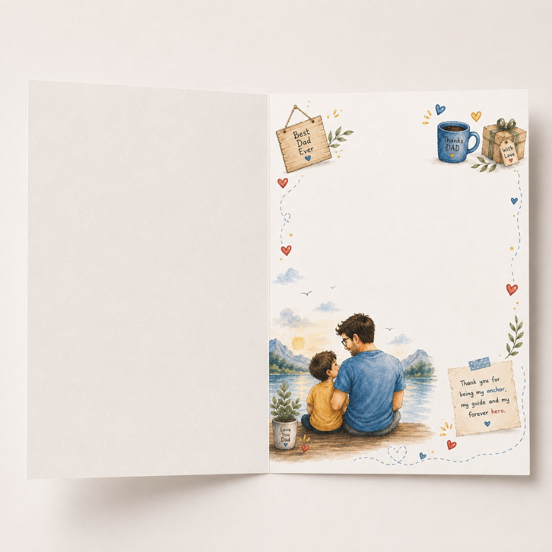 Inside view of watercolor birthday card for dad with father and son illustration and space for a personal message