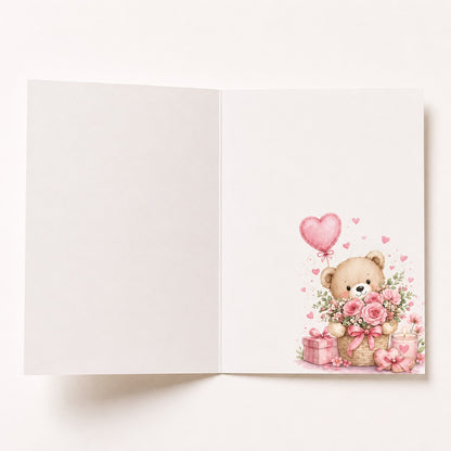 Open birthday card for girlfriend with watercolor teddy bear, pink flowers and romantic floral design inside