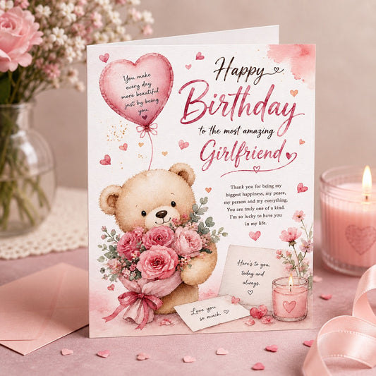 Romantic birthday card for girlfriend with watercolor teddy bear, pink roses and floral bouquet