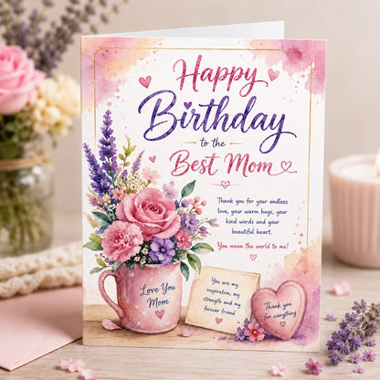 Birthday card for mom with pink and purple watercolor flowers and heartfelt floral design