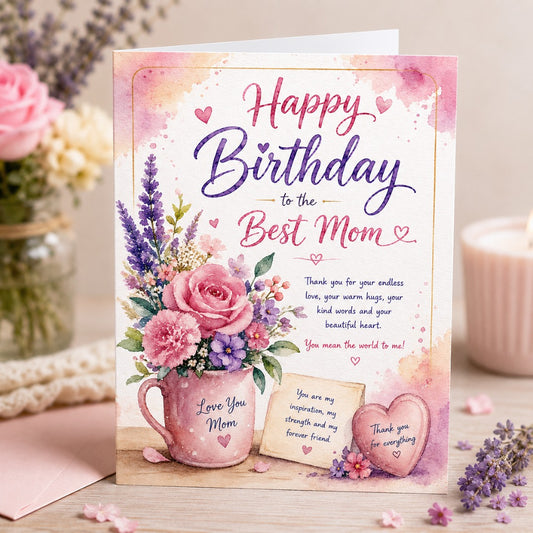 Birthday card for mom with pink and purple watercolor flowers and heartfelt floral design
