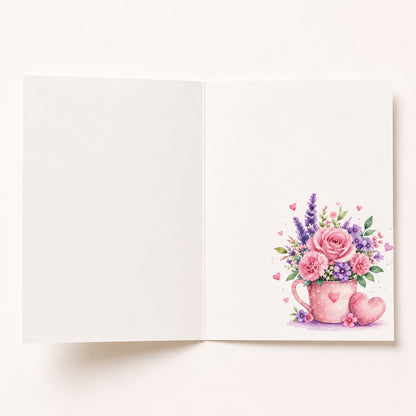 Open birthday card for mom with watercolor floral bouquet and pink flower cup design inside