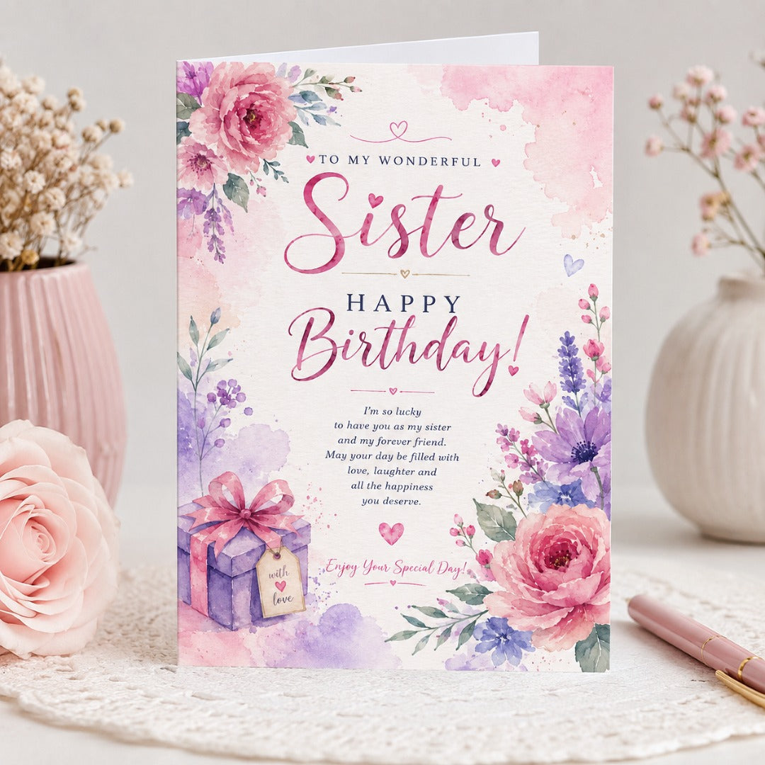 Watercolor floral birthday card for sister
