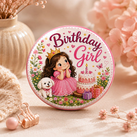 Cute Birthday Girl Princess Badge with Pink Dress, Birthday Cake, Puppy and Floral Party Design.
