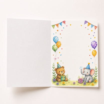 Inside of watercolor safari birthday greeting card with bear, elephant, balloons and floral border