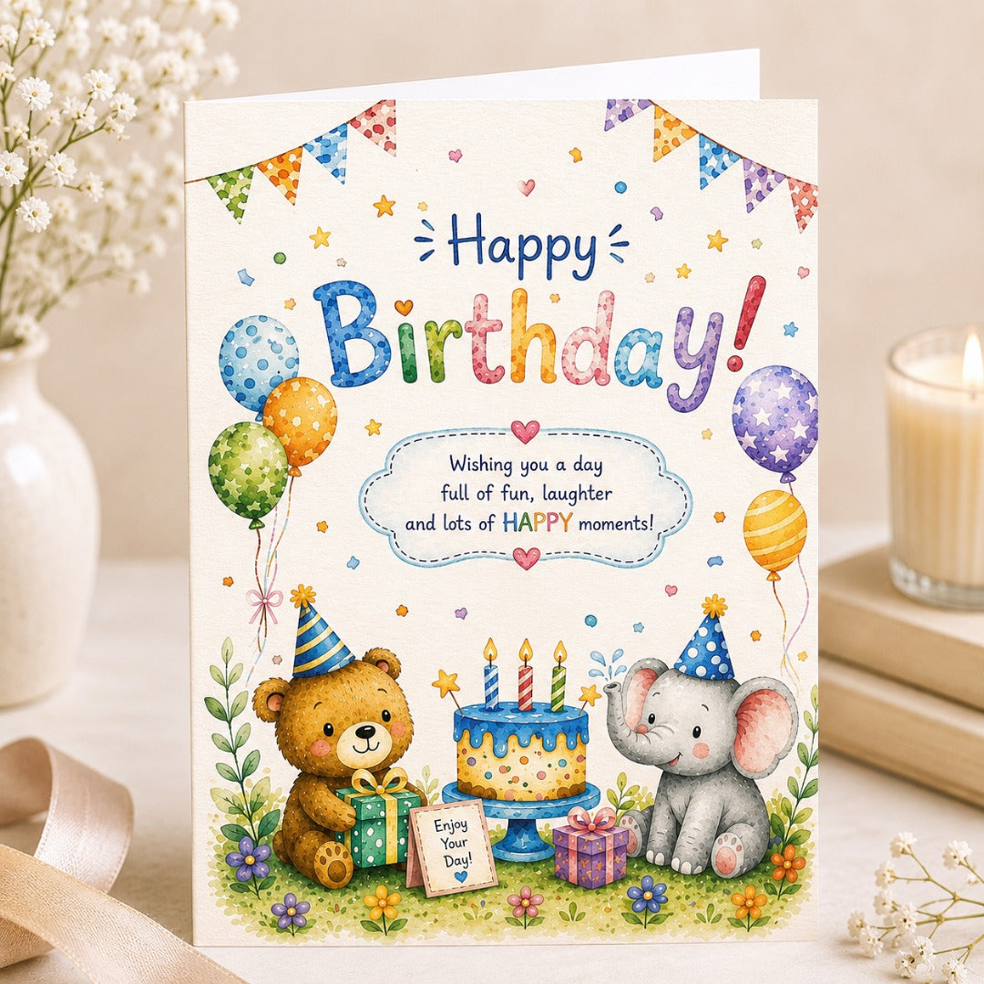 Watercolor safari birthday greeting card with cute bear, elephant, balloons and birthday cake