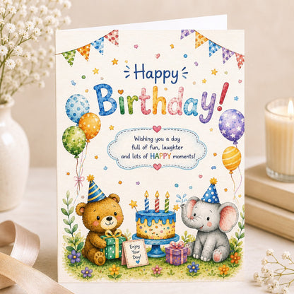 Watercolor safari birthday greeting card with cute bear, elephant, balloons and birthday cake