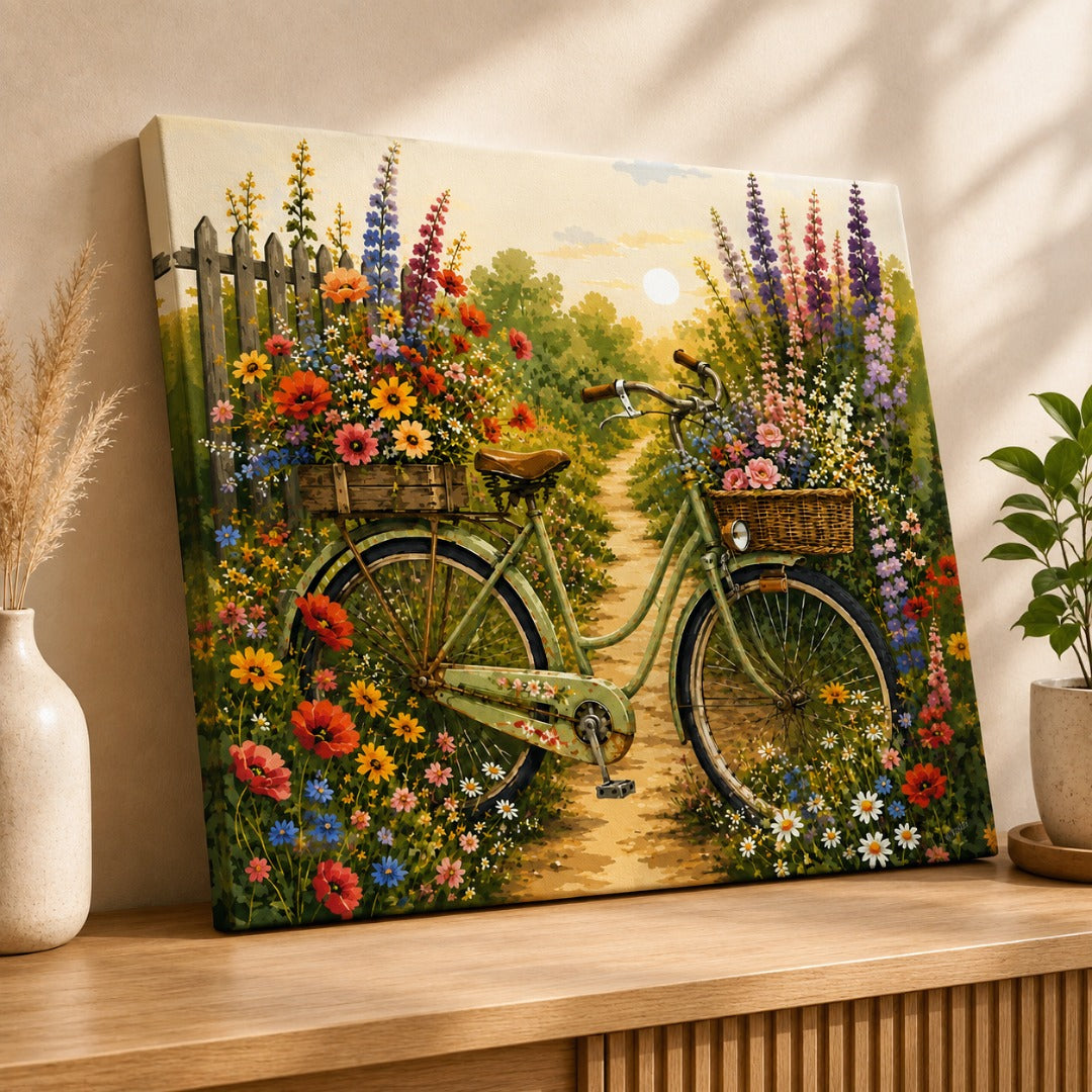 Ahaeli blooming garden bicycle canvas wall art with colorful flowers and vintage bicycle