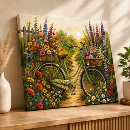 Ahaeli blooming garden bicycle canvas wall art with colorful flowers and vintage bicycle