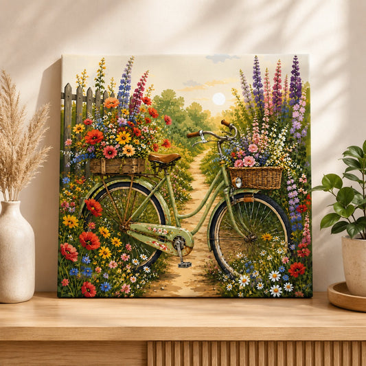 Blooming garden bicycle painting with colorful flowers and vintage bicycle