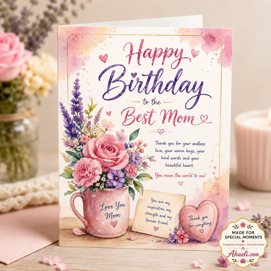 Birthday greeting card for mom featuring soft watercolor flowers and heartfelt birthday wishes
