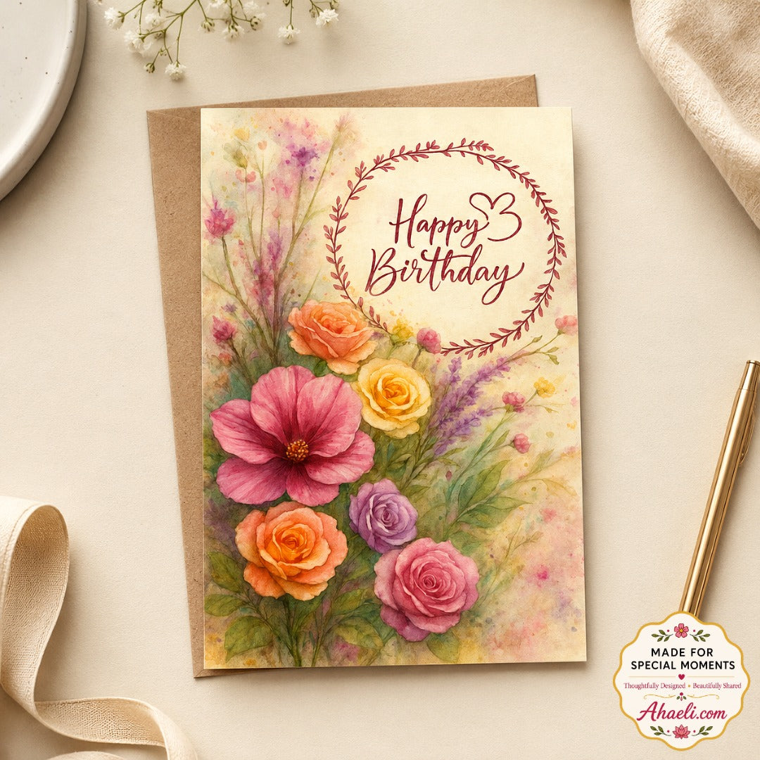 Blossom Wishes watercolor floral birthday greeting card featuring colorful hand-painted flowers and elegant birthday wishes