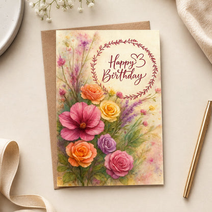 Blossom Wishes watercolor floral birthday greeting card featuring colorful illustrated flowers and elegant birthday design