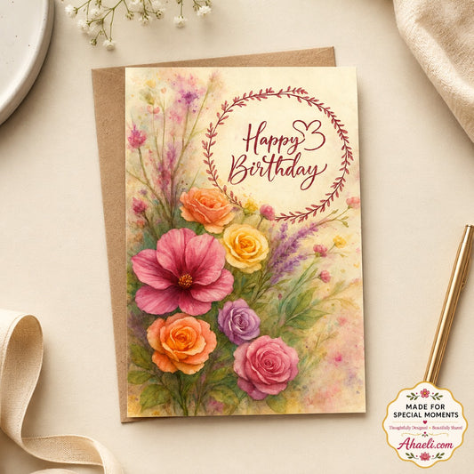 Blossom Wishes watercolor floral birthday greeting card featuring colorful hand-painted flowers and elegant birthday wishes
