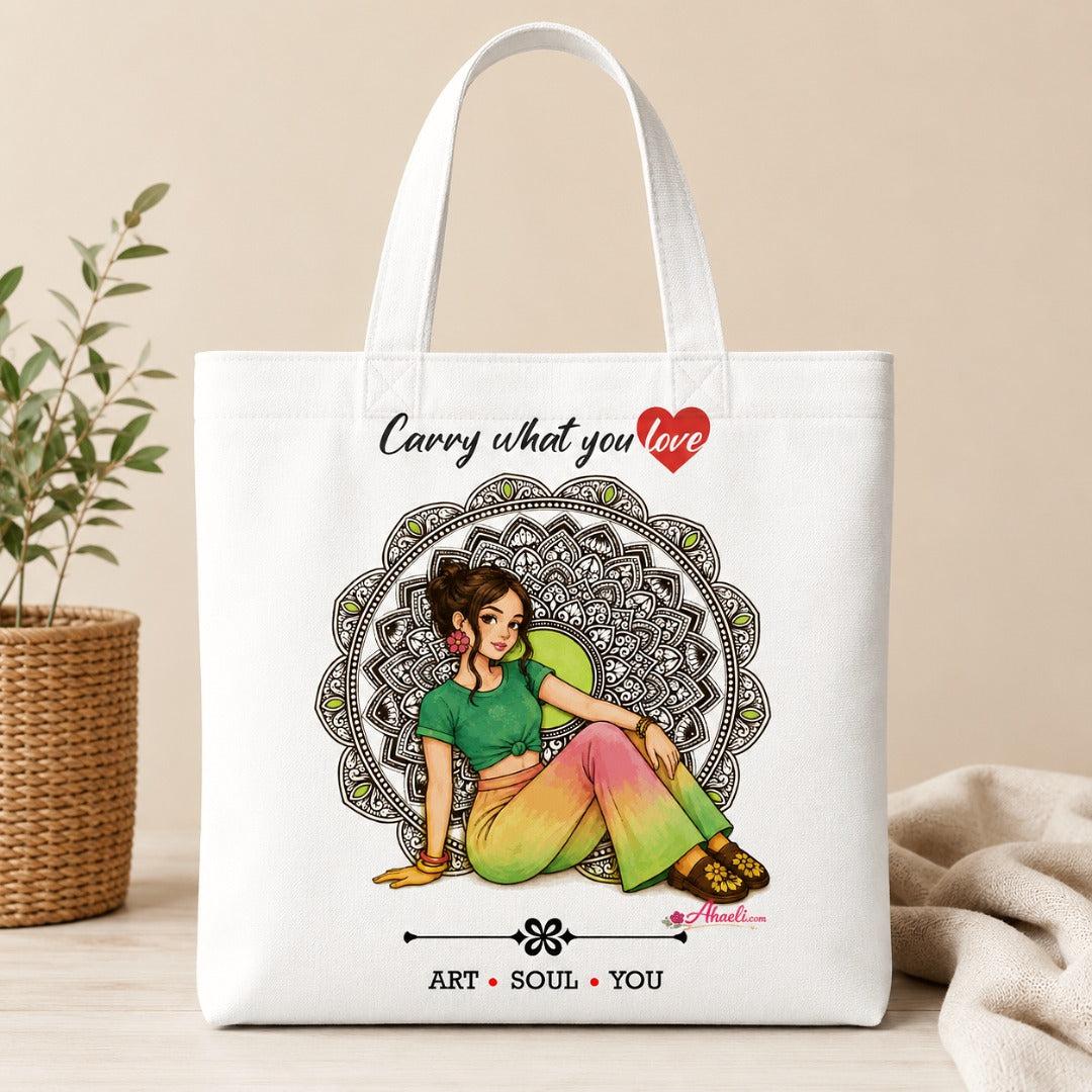 Bohemian Girl Tote Bag featuring a stylish boho girl illustration with mandala artwork on a white cotton canvas tote.