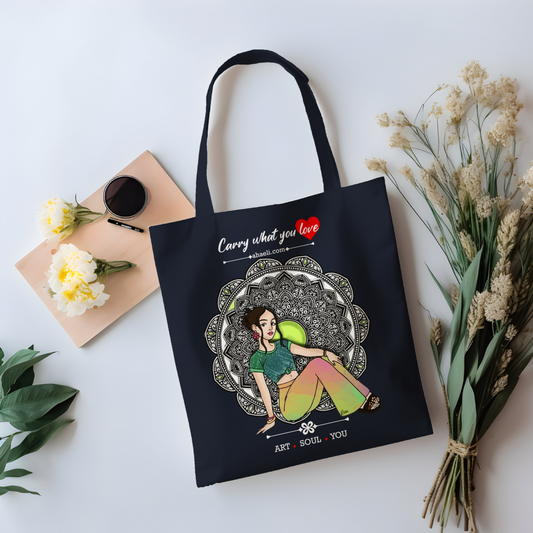 Bohemian Girl Midnight tote bag featuring an artistic boho-inspired female illustration with a midnight-themed aesthetic, printed on a reusable canvas bag.