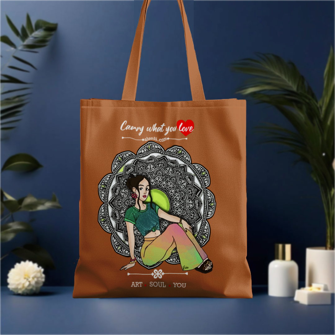 Artistic Bohemian Girl Midnight design on a canvas tote bag, blending bohemian style with a sophisticated nighttime color palette.