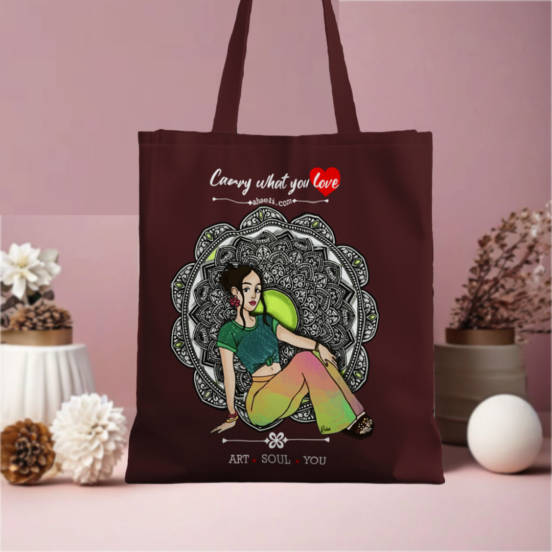 Bohemian Girl Midnight tote bag in maroon featuring an artistic boho-inspired female illustration on a reusable canvas bag.