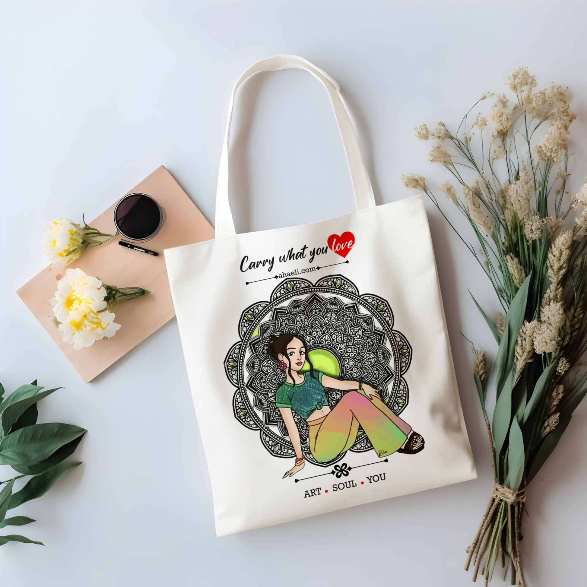 Bohemian Girl tote bag featuring artistic female illustration in boho style, reusable canvas bag for everyday shopping and casual use.