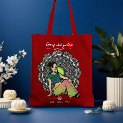 Artistic Bohemian Girl Midnight design on a canvas tote bag, blending bohemian style with a sophisticated nighttime color palette.