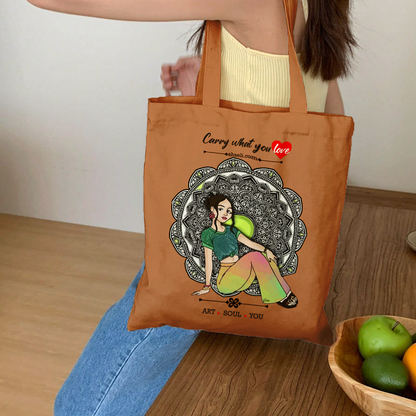 Stylish Bohemian Girl tote bag with colorful boho-inspired artwork, eco-friendly reusable carry bag for women.