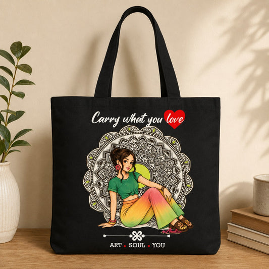 Boho Muse Tote Bag featuring artistic bohemian girl artwork on a black canvas tote.