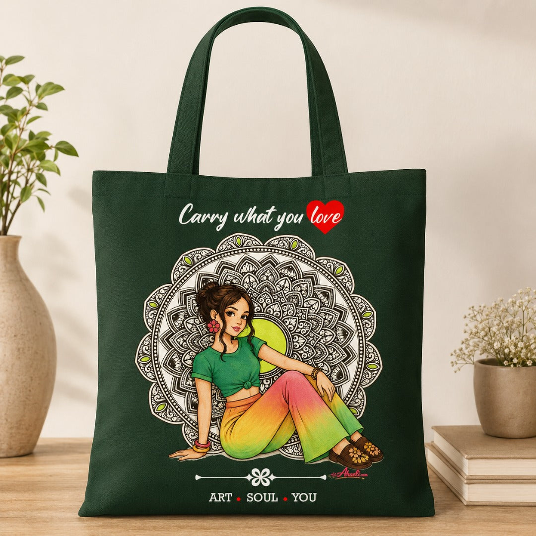 Boho Muse Tote Bag featuring artistic bohemian girl artwork on a bottle green canvas tote.